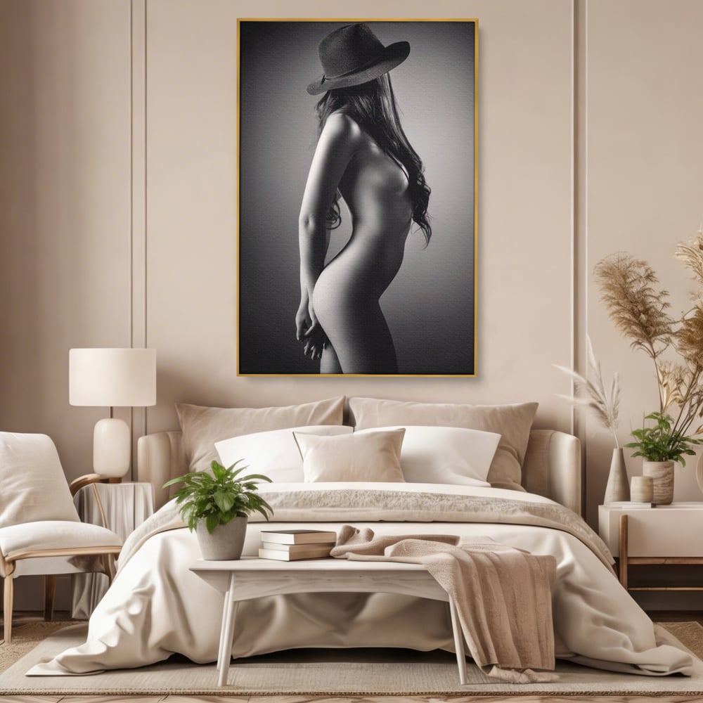 Tablou canvas cu tablou canvas cu silueta de femeie, in rama de aluminiu auriu, pe perete intr-un dormitor